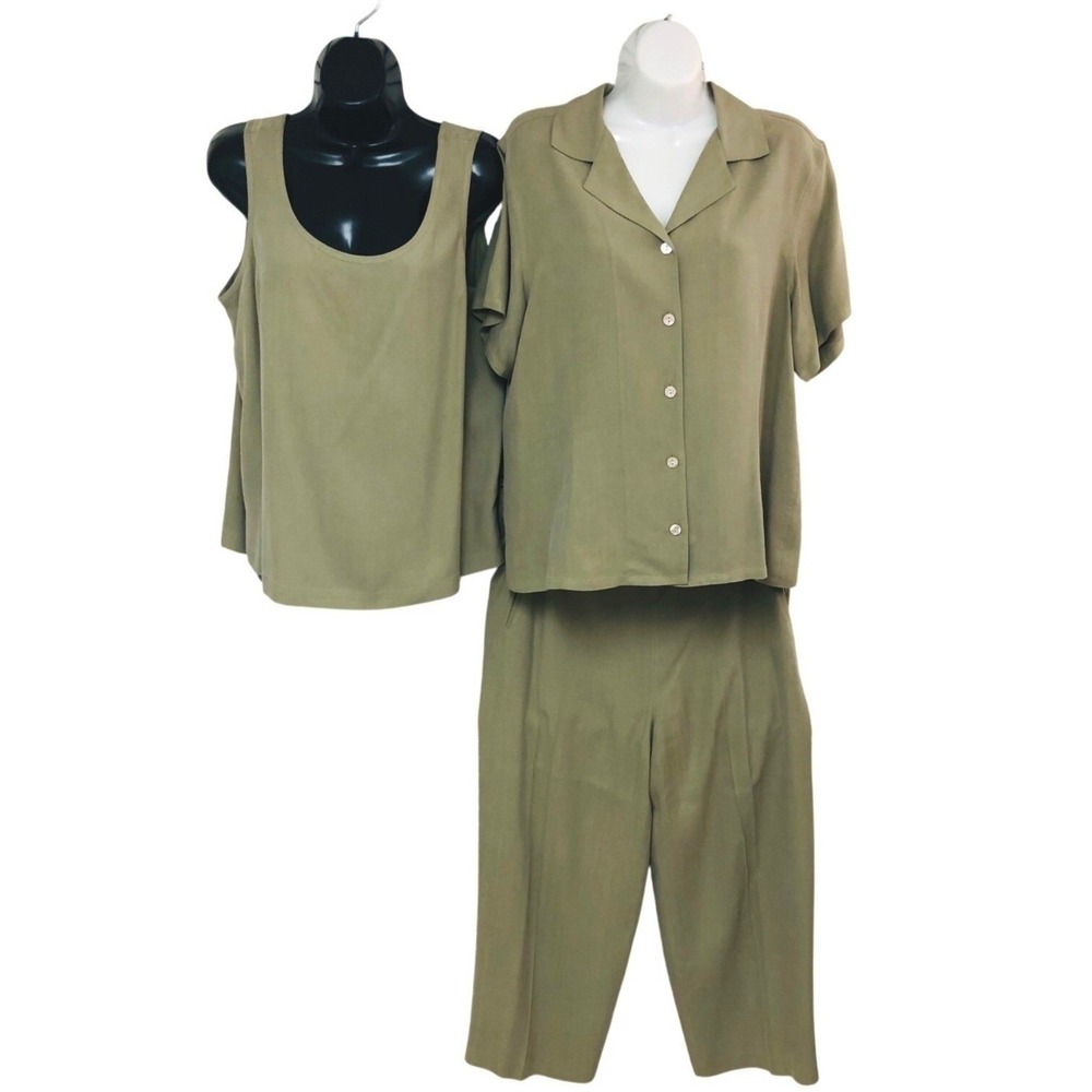 VTG Pineapple Moon Silk Crop Pant Set Olive Sage 3 PC Minimalist Womens L